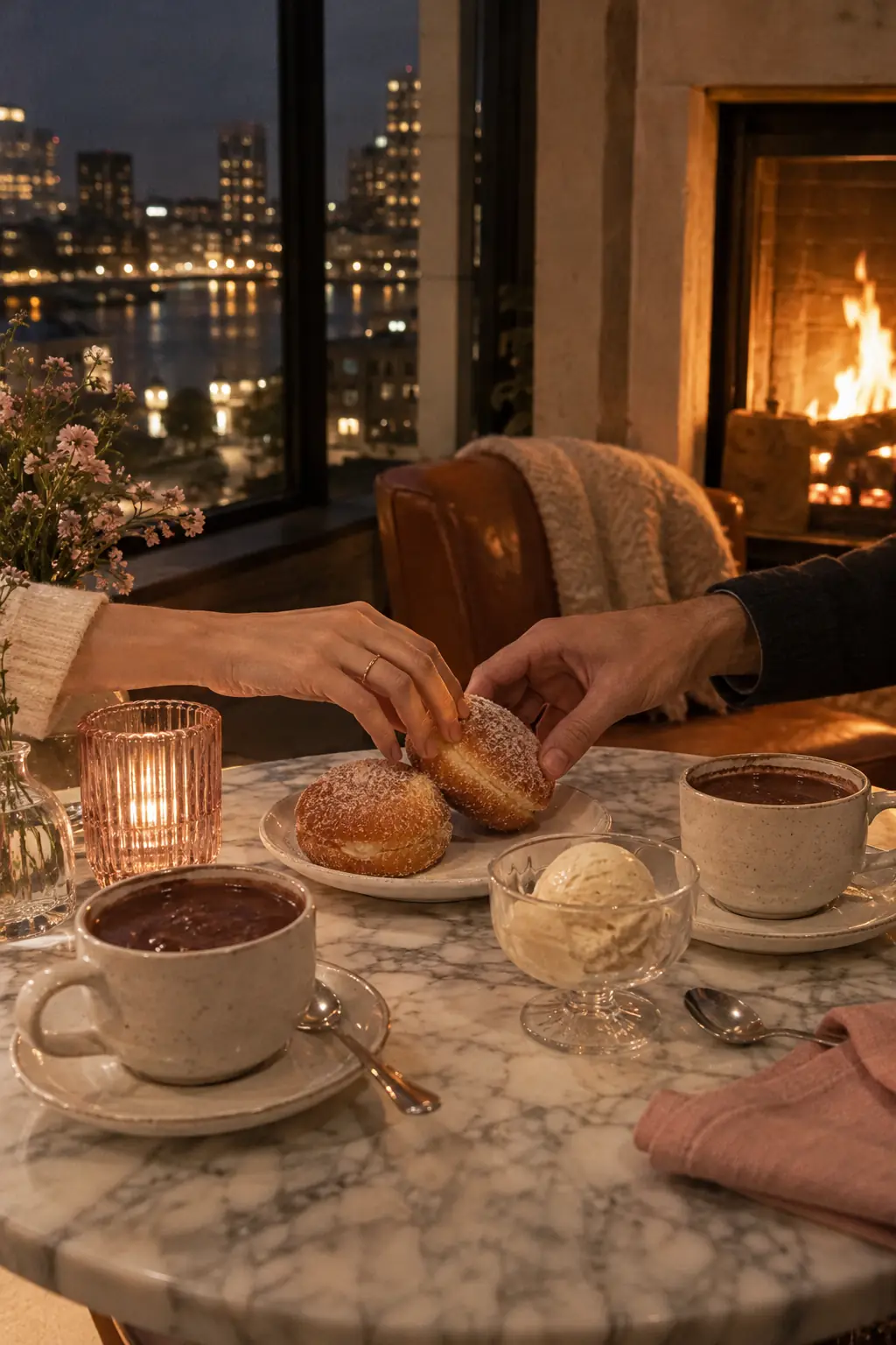 Two cups of drinking chocolate and sugared doughnuts by a fireplace, city lights outside
