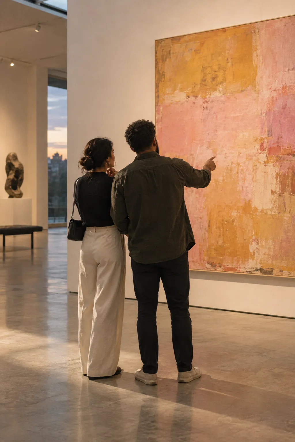 A couple looking at a large pink and ochre painting in a gallery