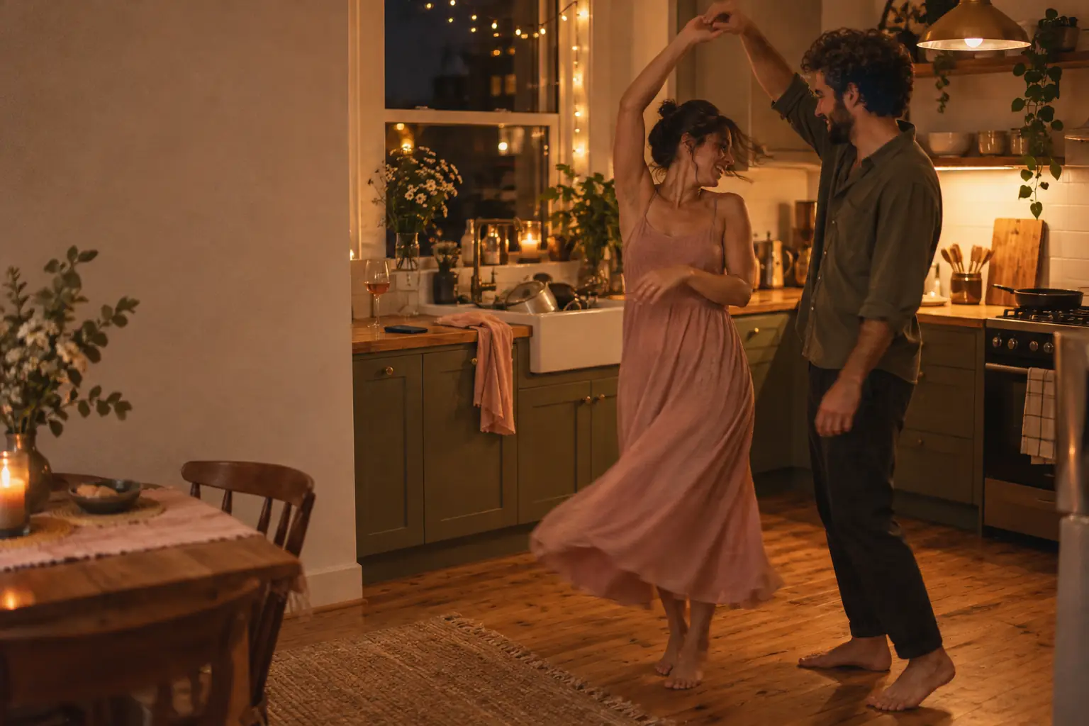 A couple dancing barefoot in a warm kitchen at night, mid-spin