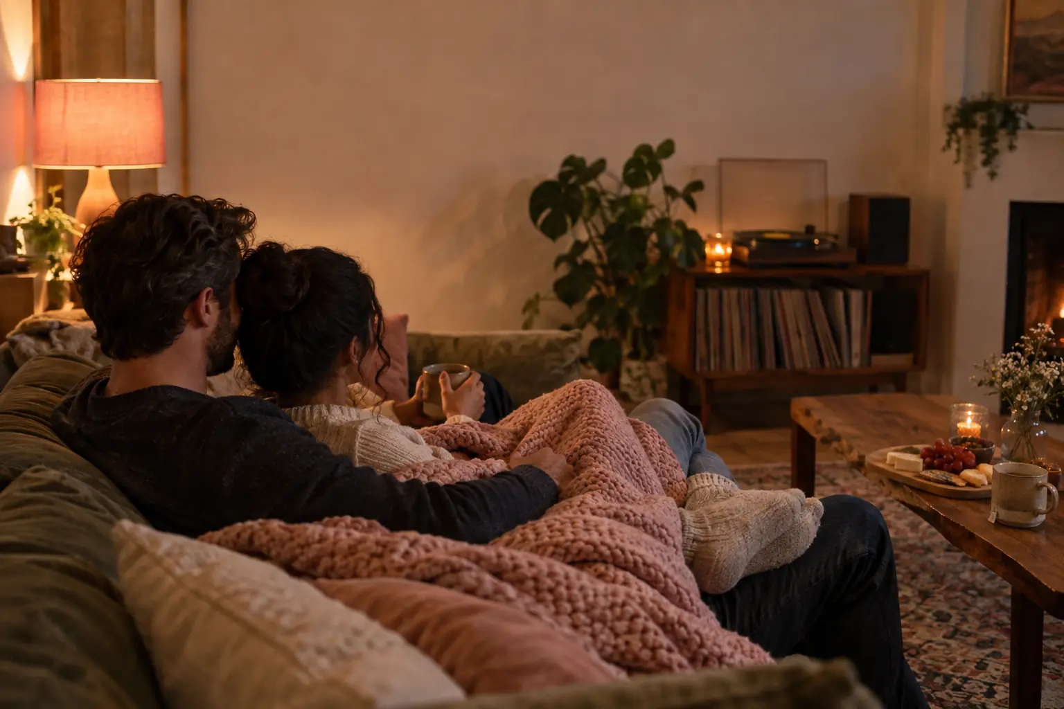 A couple under a pink knit blanket on the sofa, with tea and a record player glowing